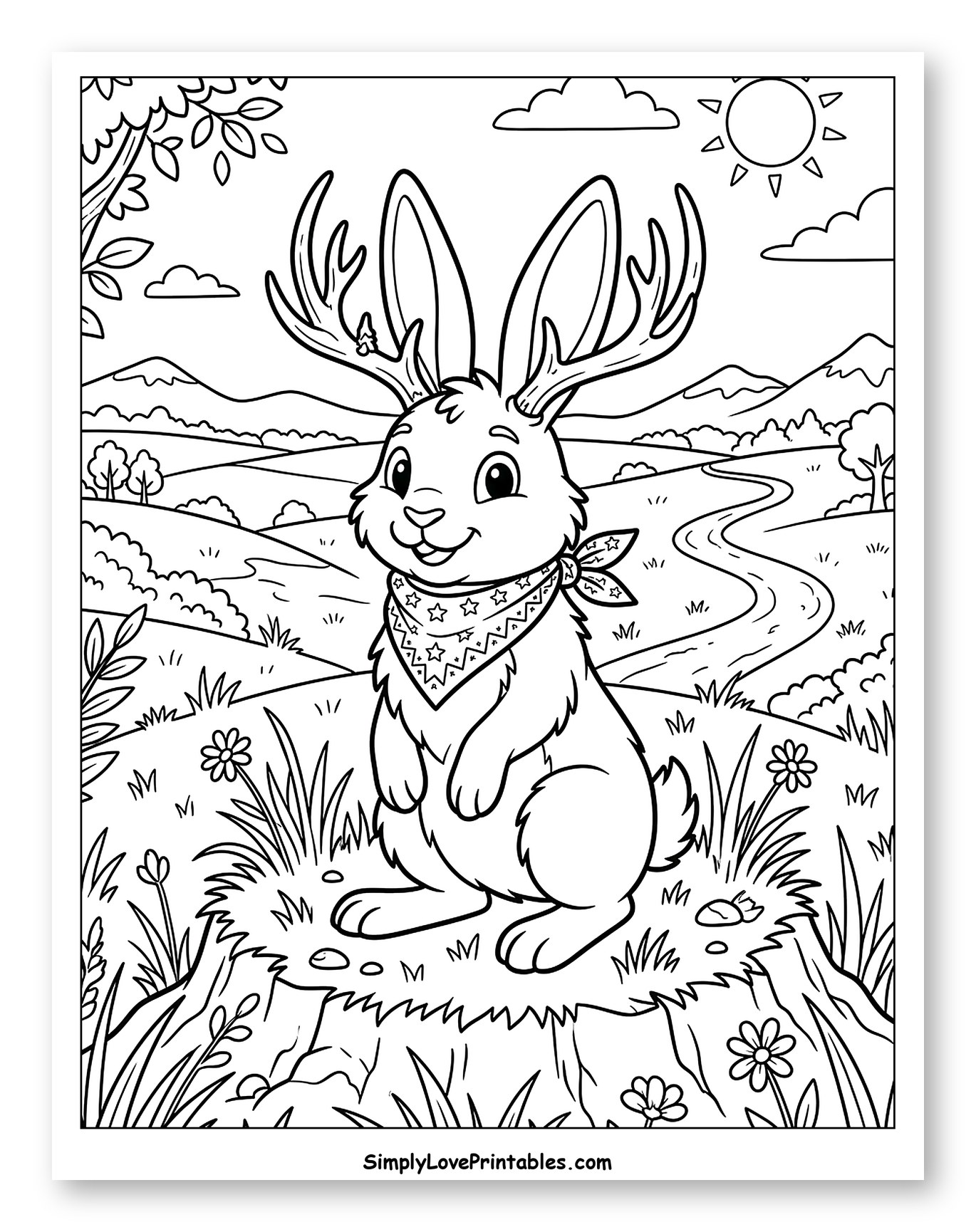 Smiling Jackalope in a Grassy Landscape Coloring Page for Kids