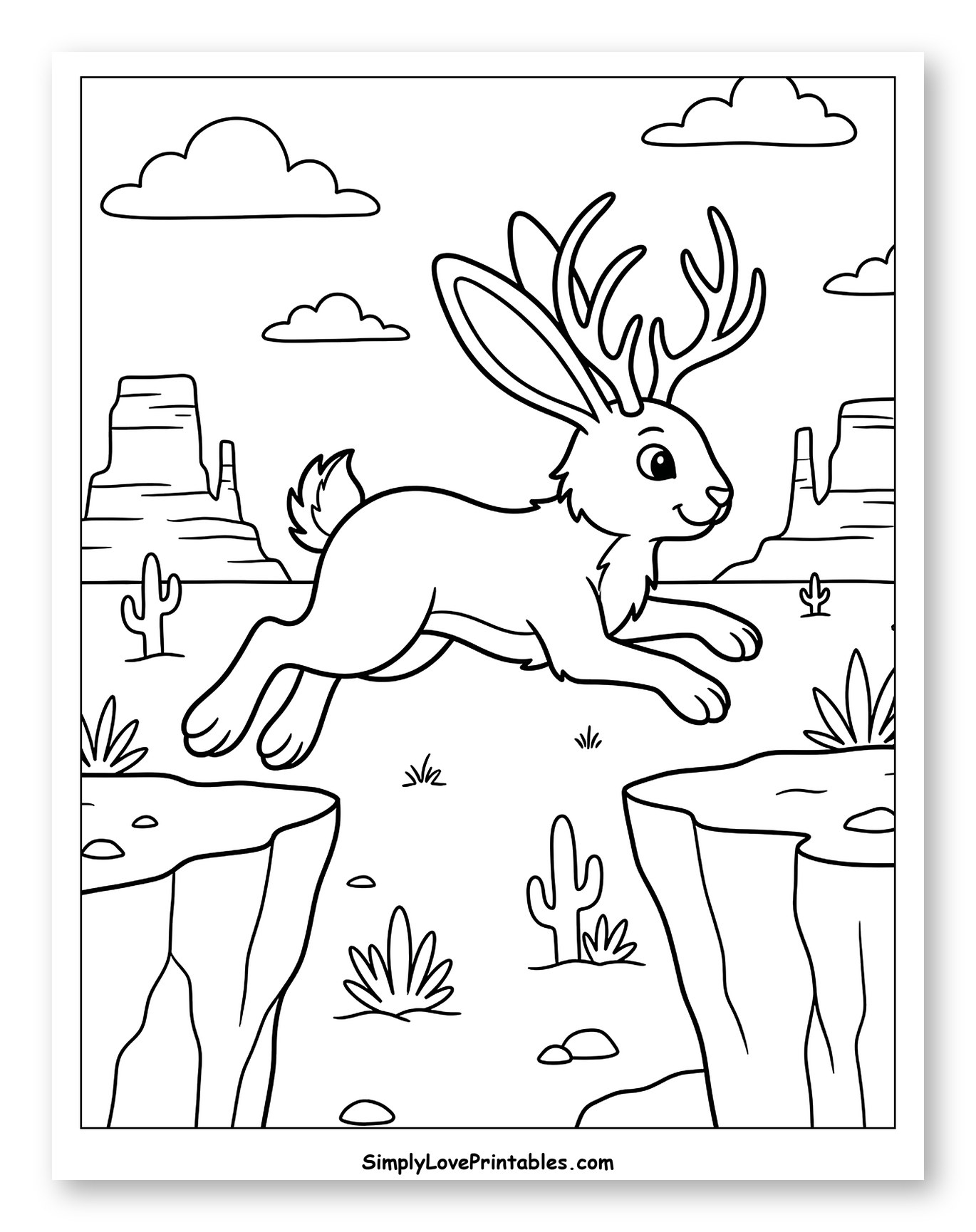 Smiling Jackalope Jumps Over Desert Canyon to Color for Kids