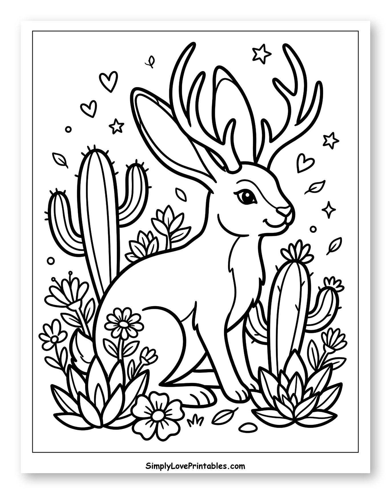 Smiling Jackalope with Cacti and Desert Flowers