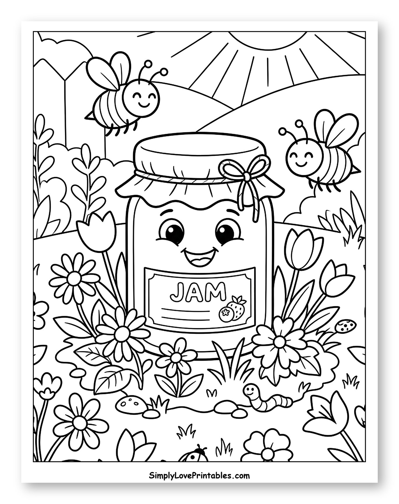 Smiling Jam Jar in a Garden with Bees Coloring Page for Kids