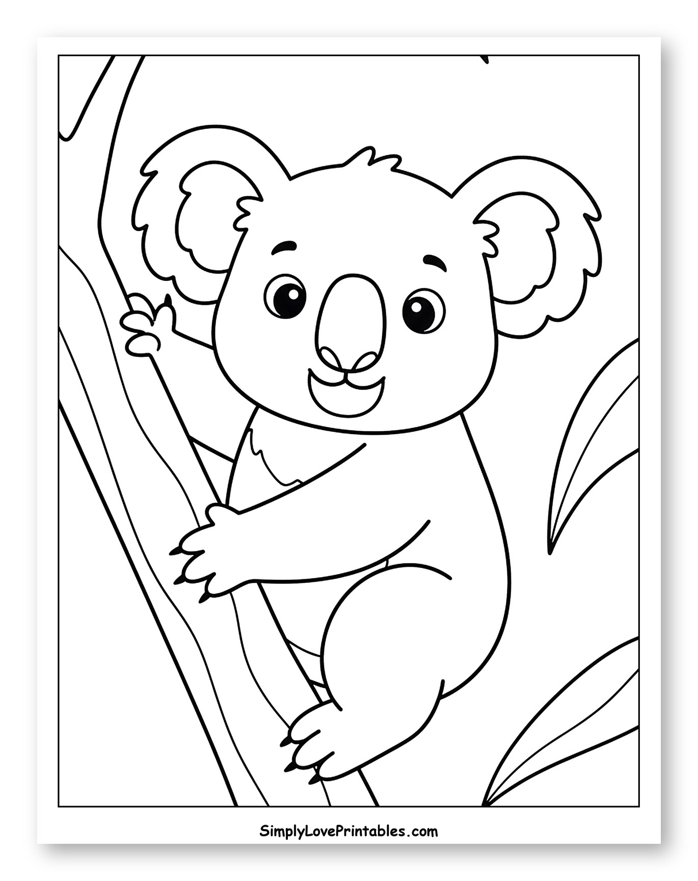 Smiling Koala on a Tree Branch Coloring Sheet for Toddlers