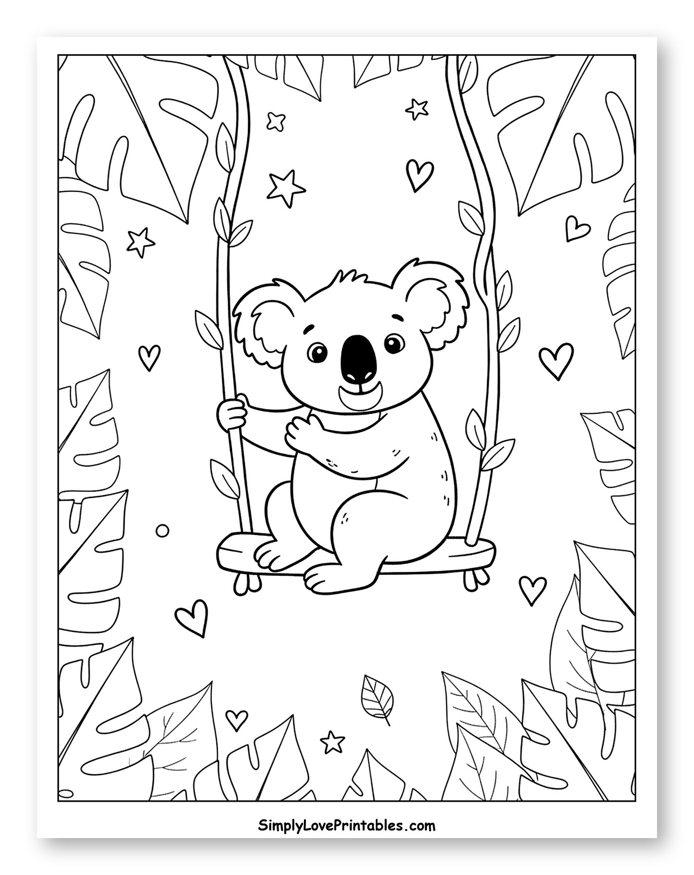 Smiling Koala Swinging Amongst Jungle Leaves to Color for Adults