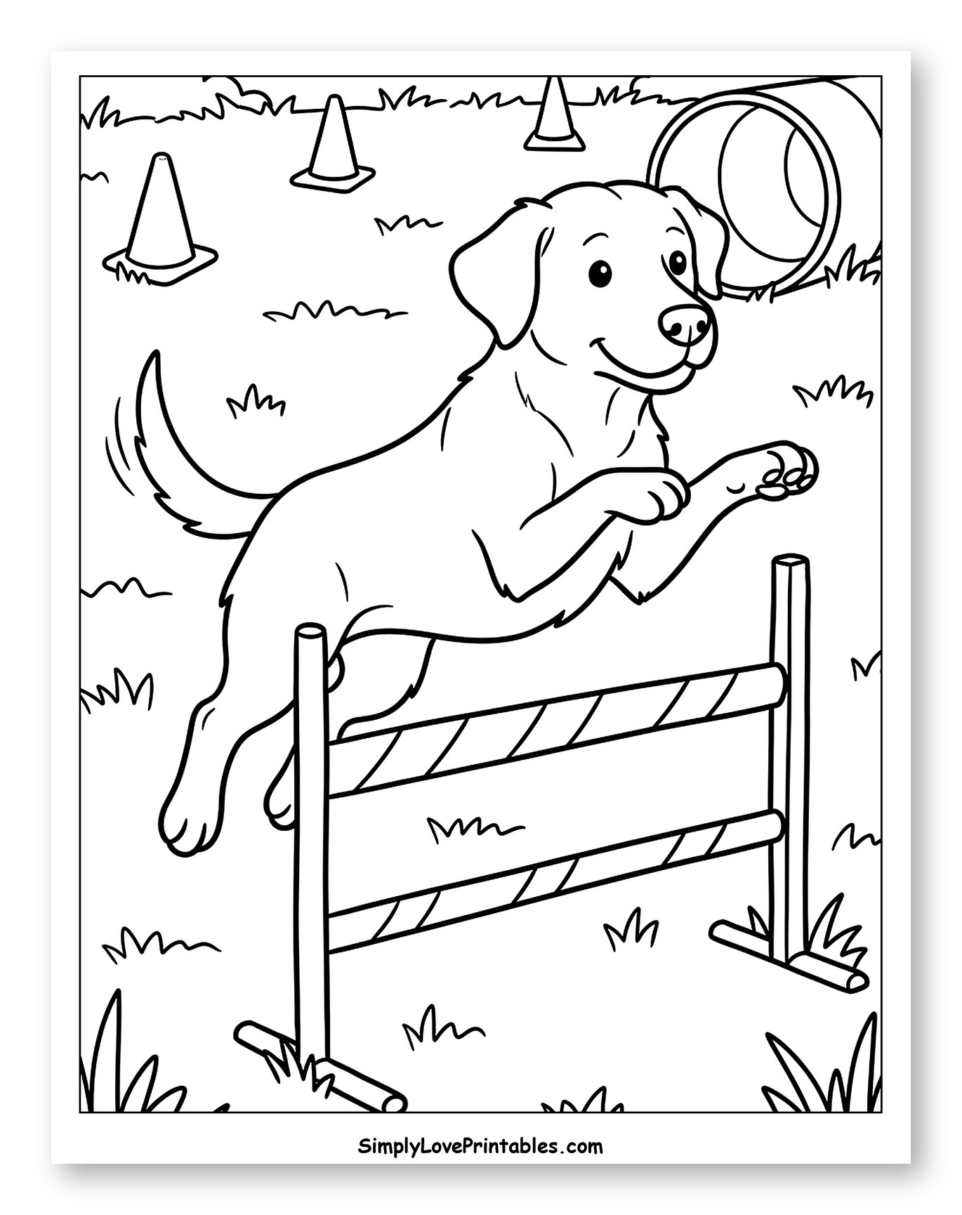 Smiling Labrador Dog Leaping Over Agility Jump to Color for Kids