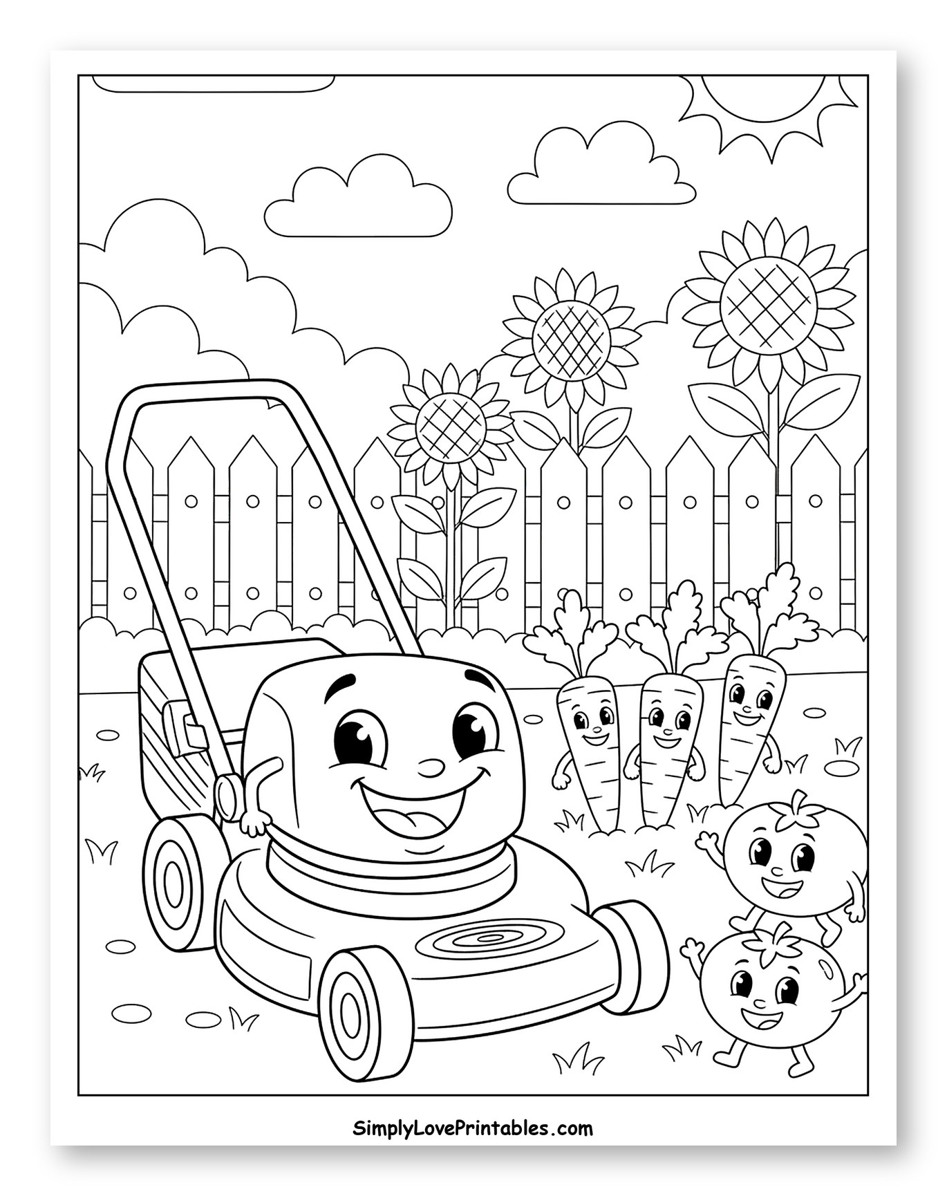 Smiling Lawn Mower with Garden Friends to Color for Kids