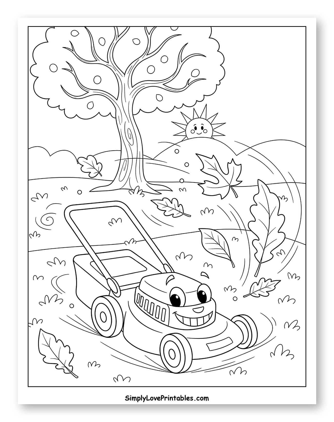 Smiling Lawnmower Mowing Leaves Under a Tree to Color for Kids