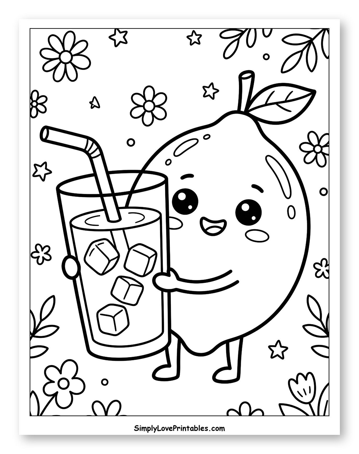 Smiling Lemon with Iced Drink and Floral Background