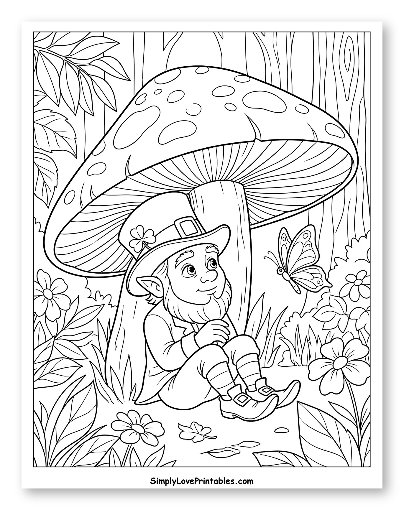Smiling Leprechaun and Butterfly Under a Mushroom Coloring Page