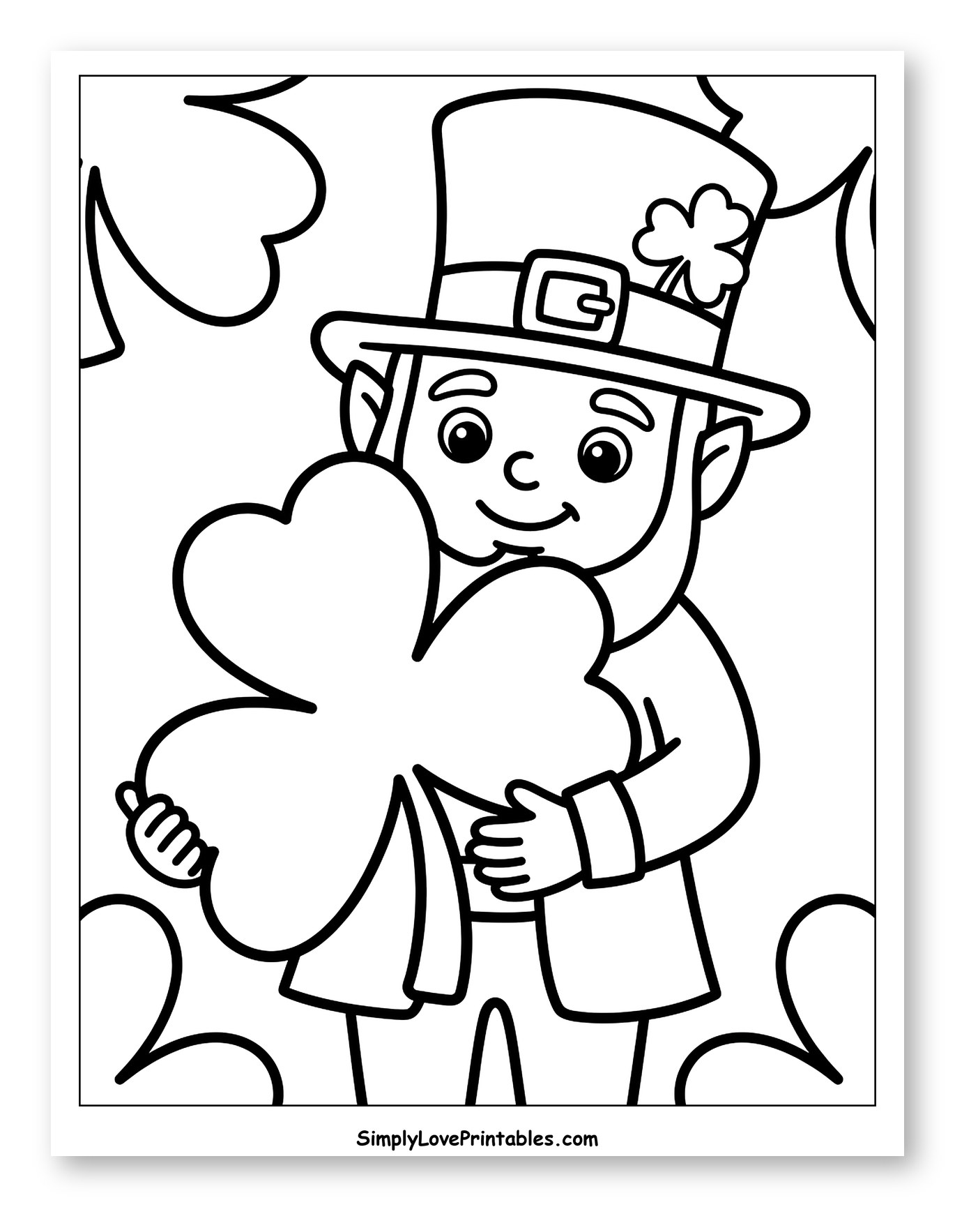 Smiling Leprechaun Holding a Giant Shamrock to Color for Toddlers