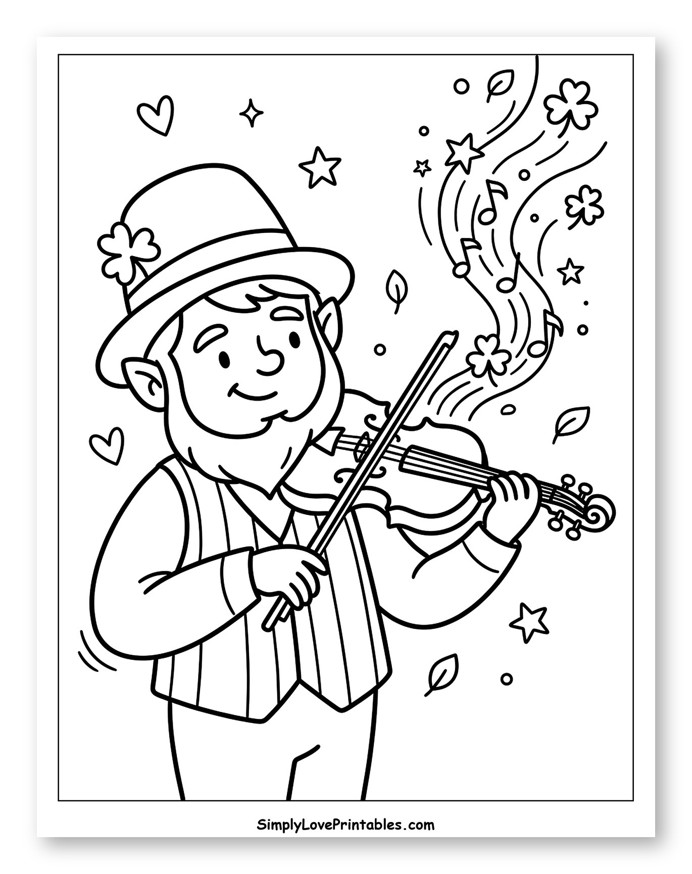 Smiling Leprechaun Playing Fiddle with Clovers