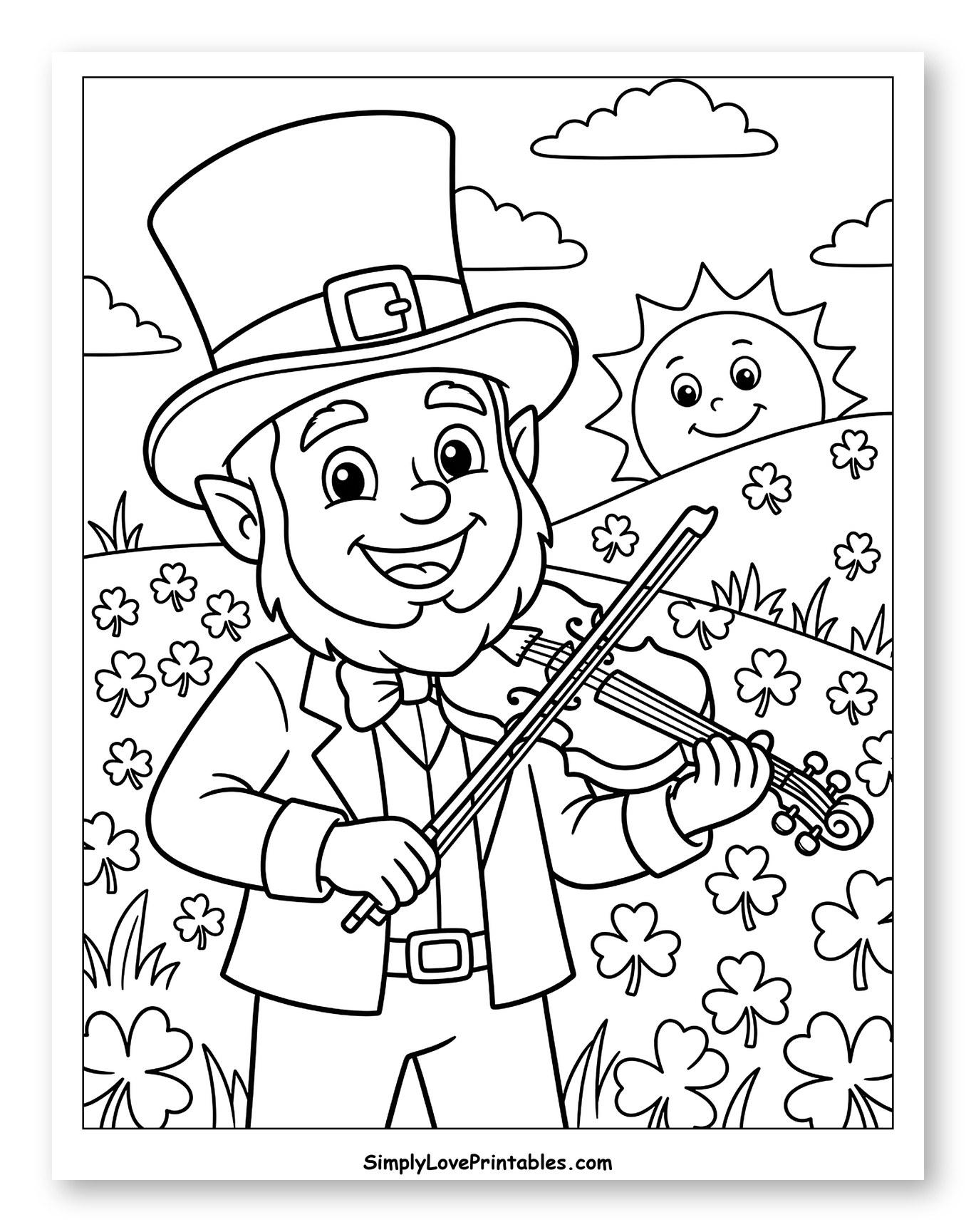 Smiling Leprechaun Playing Fiddle with Shamrocks to Color for Kids