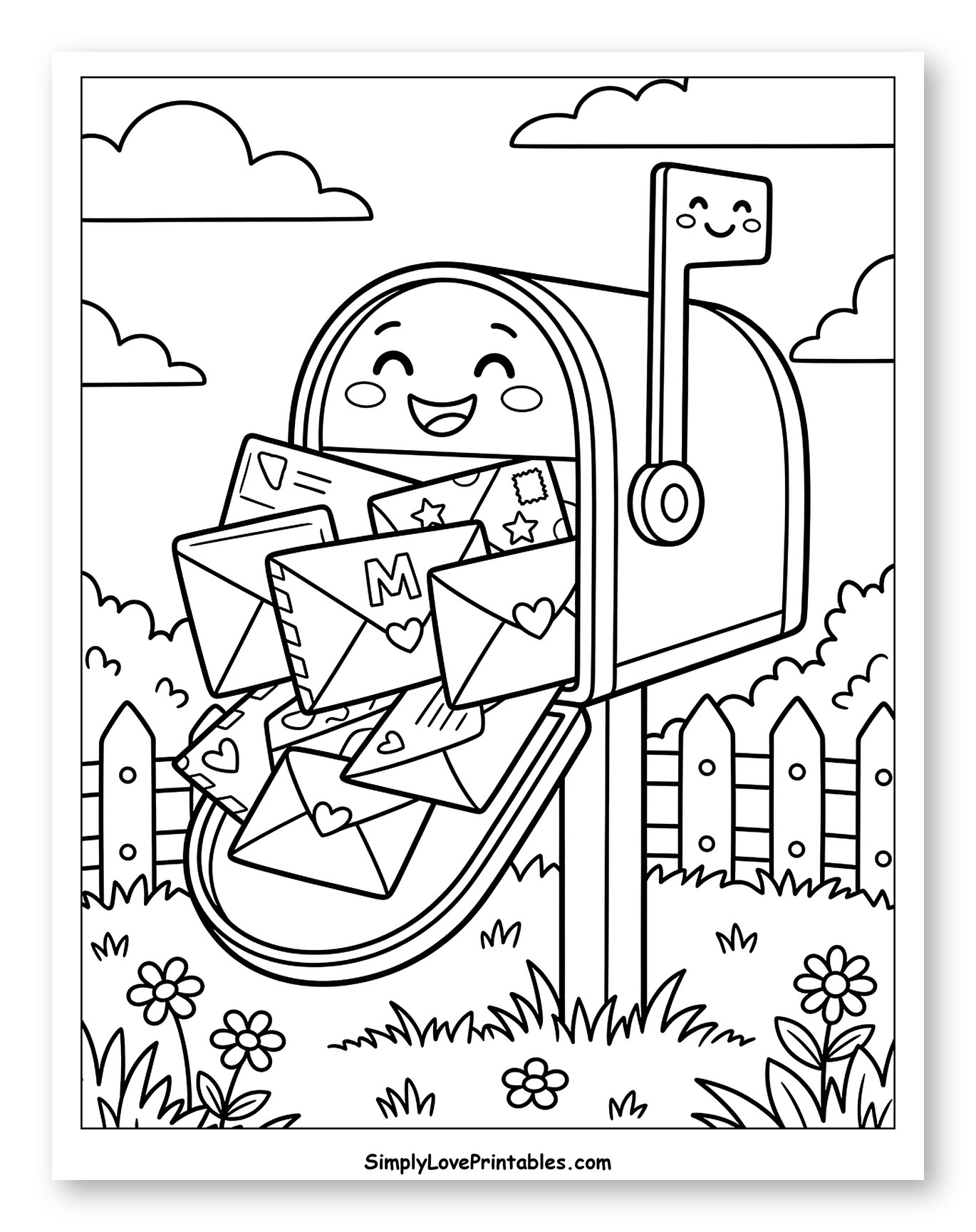 Smiling Mailbox Overflowing with Letters Coloring Sheet for Kids