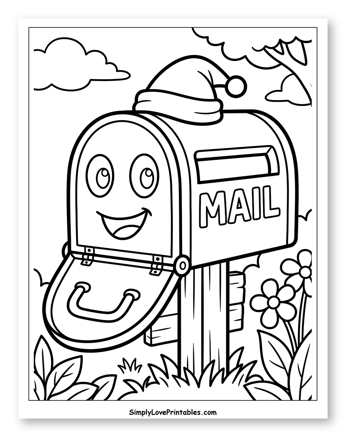Smiling Mailbox with Santa Hat and Flowers