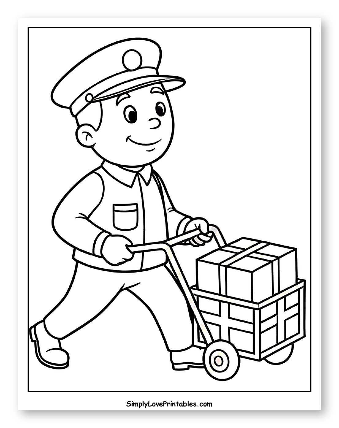 Smiling Mailman Pushing a Delivery Cart Coloring Sheet for Toddlers