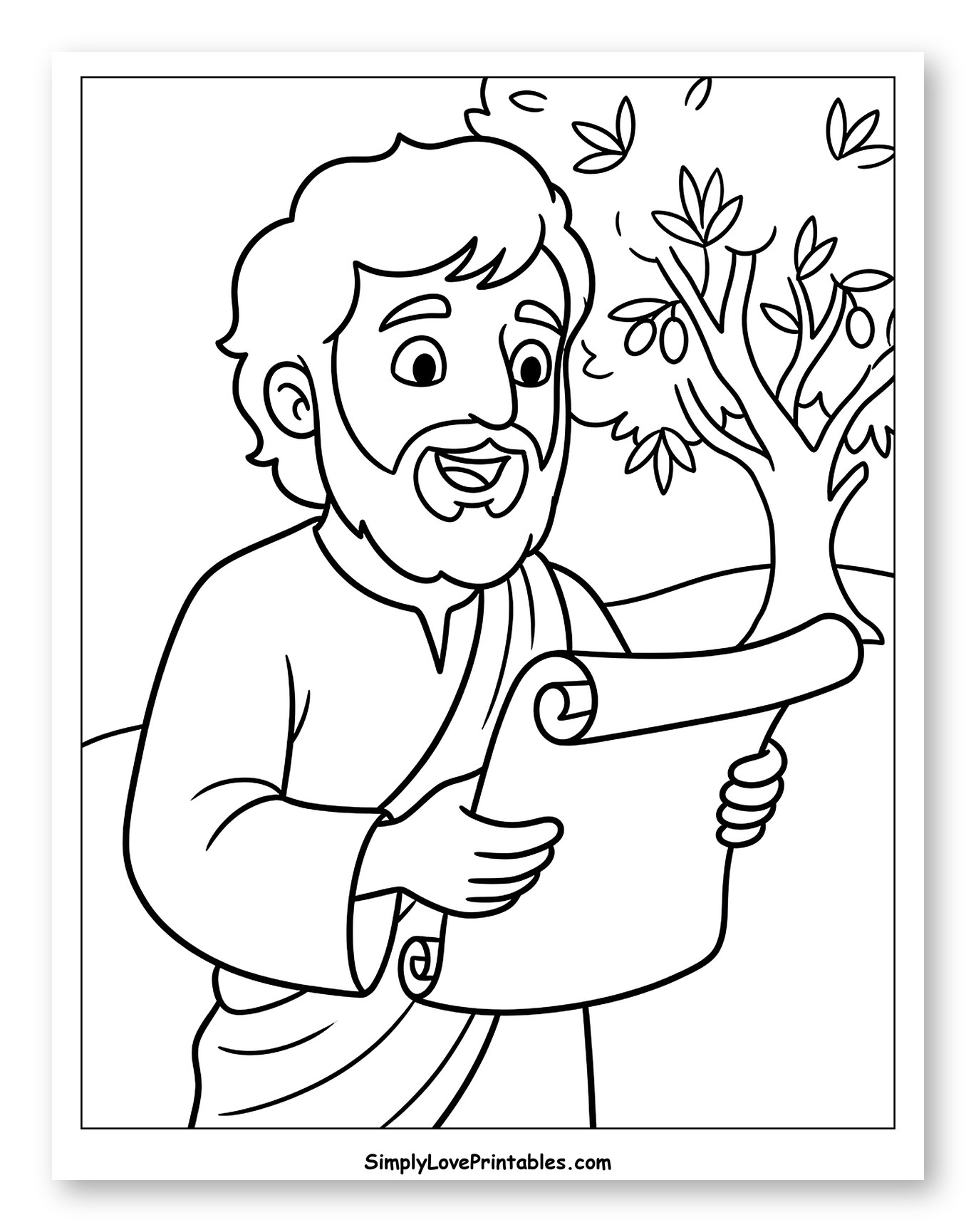 Smiling Man Reading Scroll by a Fruiting Tree to Color for Kids