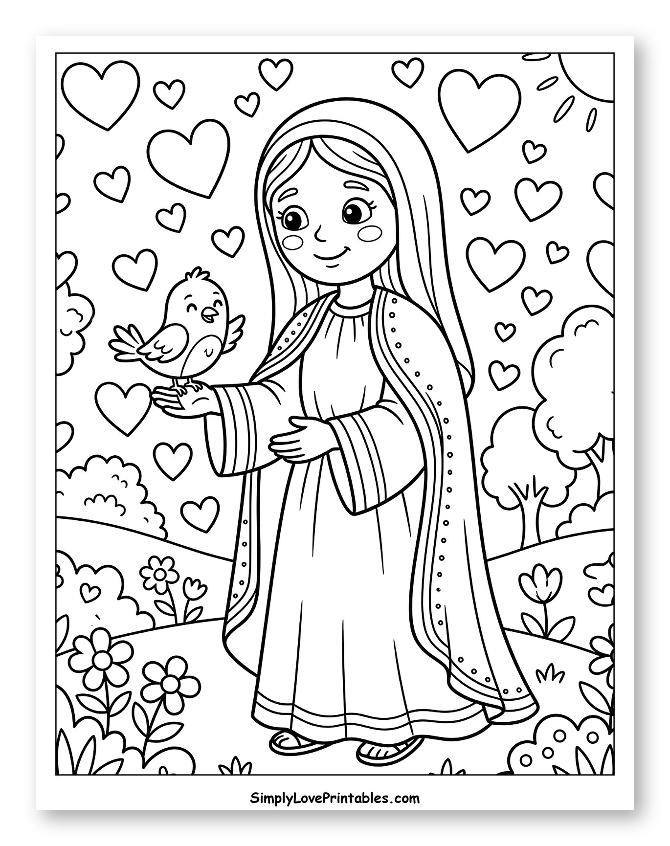 Smiling Mary Holding a Bird with Hearts