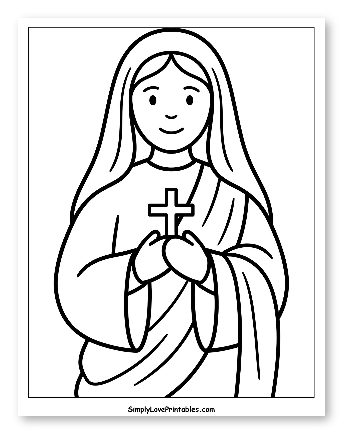 Smiling Mary Holding a Cross Coloring Page for Toddlers