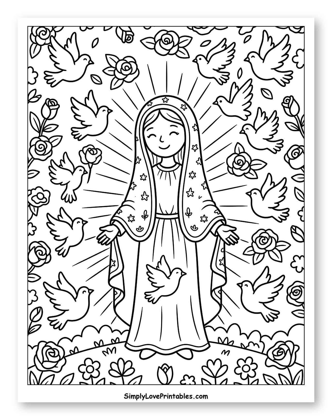 Smiling Mary Surrounded by Doves and Flowers to Color for Kids