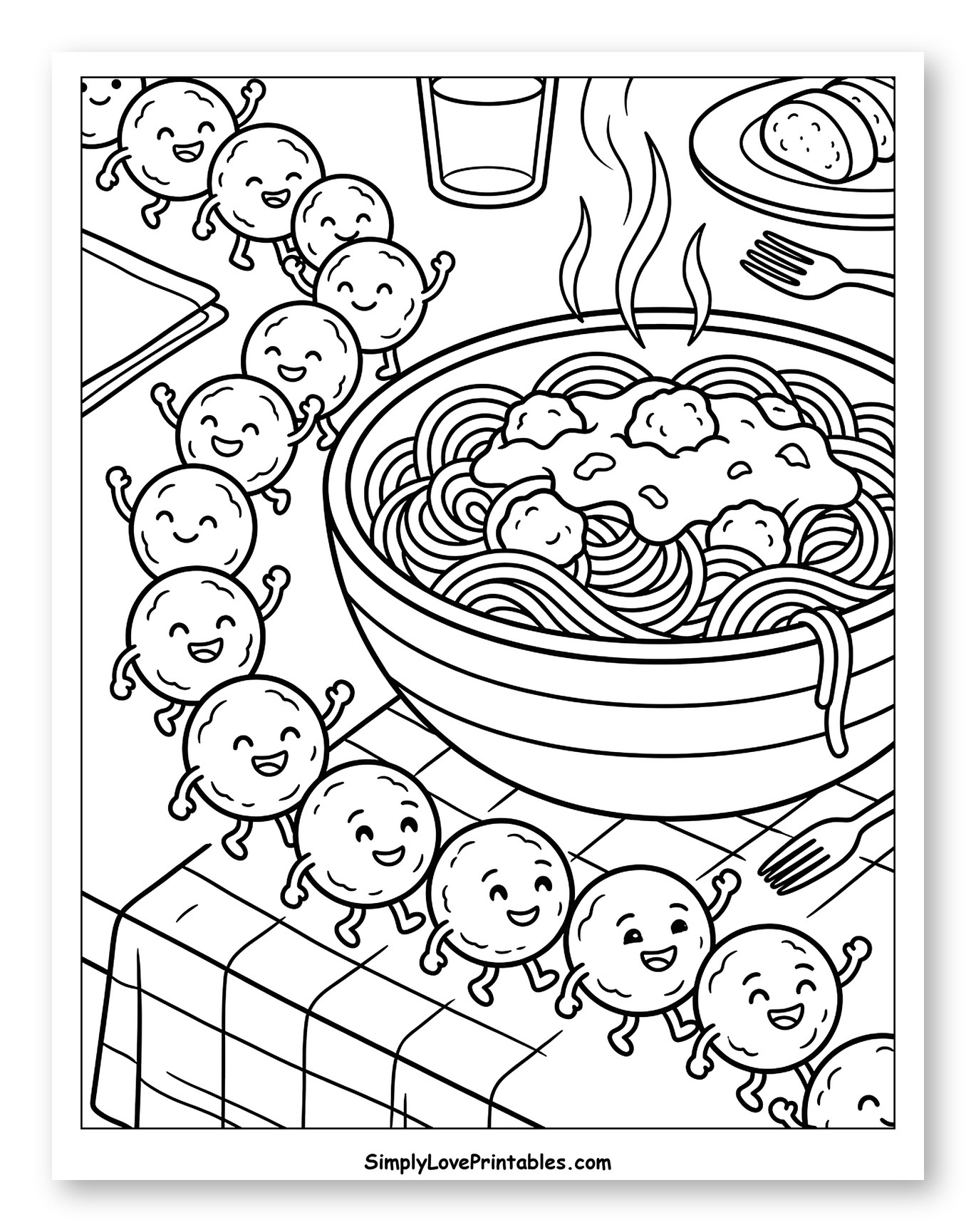 Smiling Meatball Characters Marching to Spaghetti Dinner Coloring Sheet for Kids