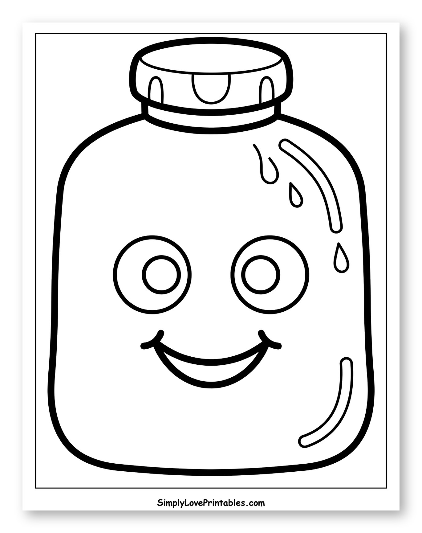 Smiling Medicine Bottle with Water Drops Coloring Sheet for Toddlers