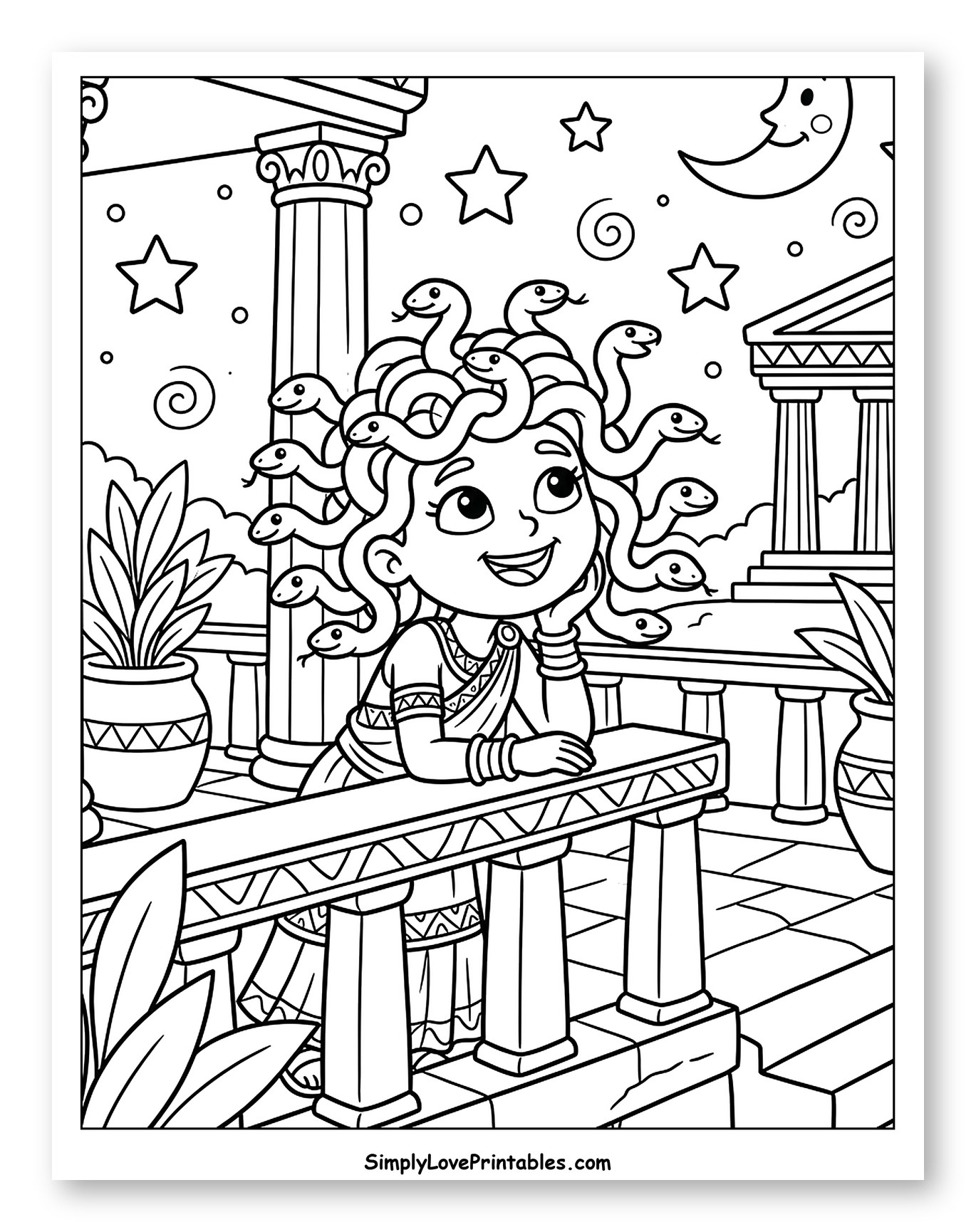 Smiling Medusa on a Balcony at Night Coloring Page for Kids