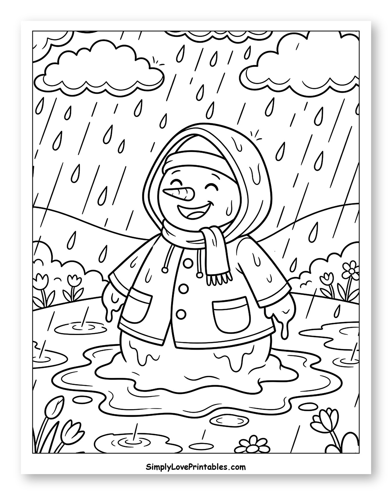 Smiling Melting Snowman in a Raincoat Coloring Page for Kids