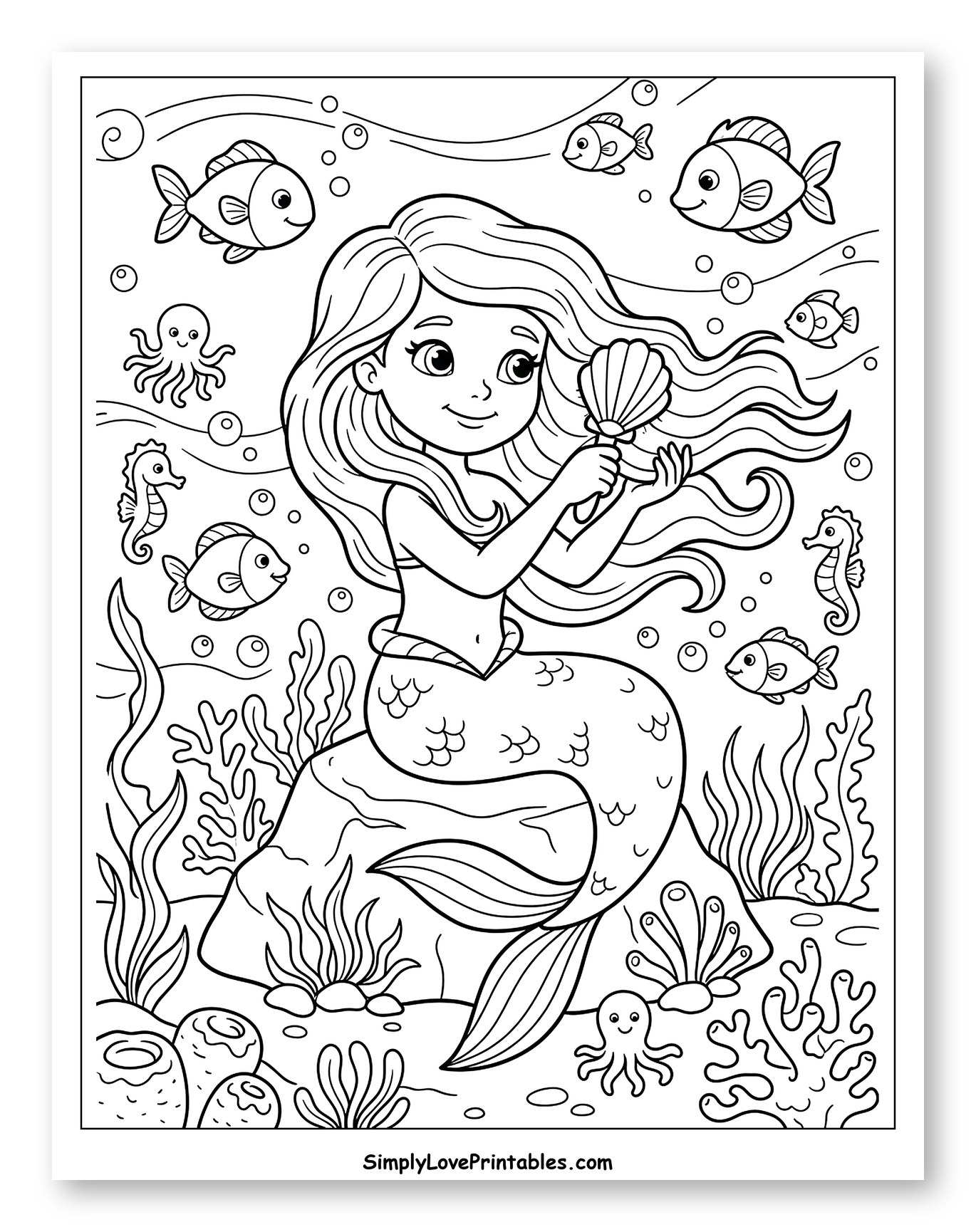 Smiling Mermaid Brushing Hair with a Seashell Underwater