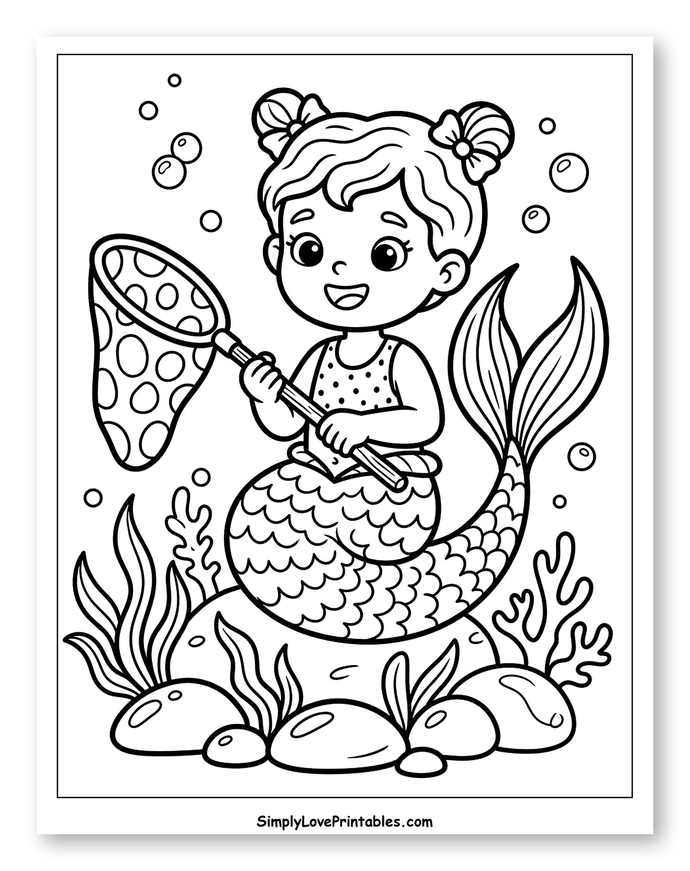Smiling Mermaid Holding a Net on a Rock