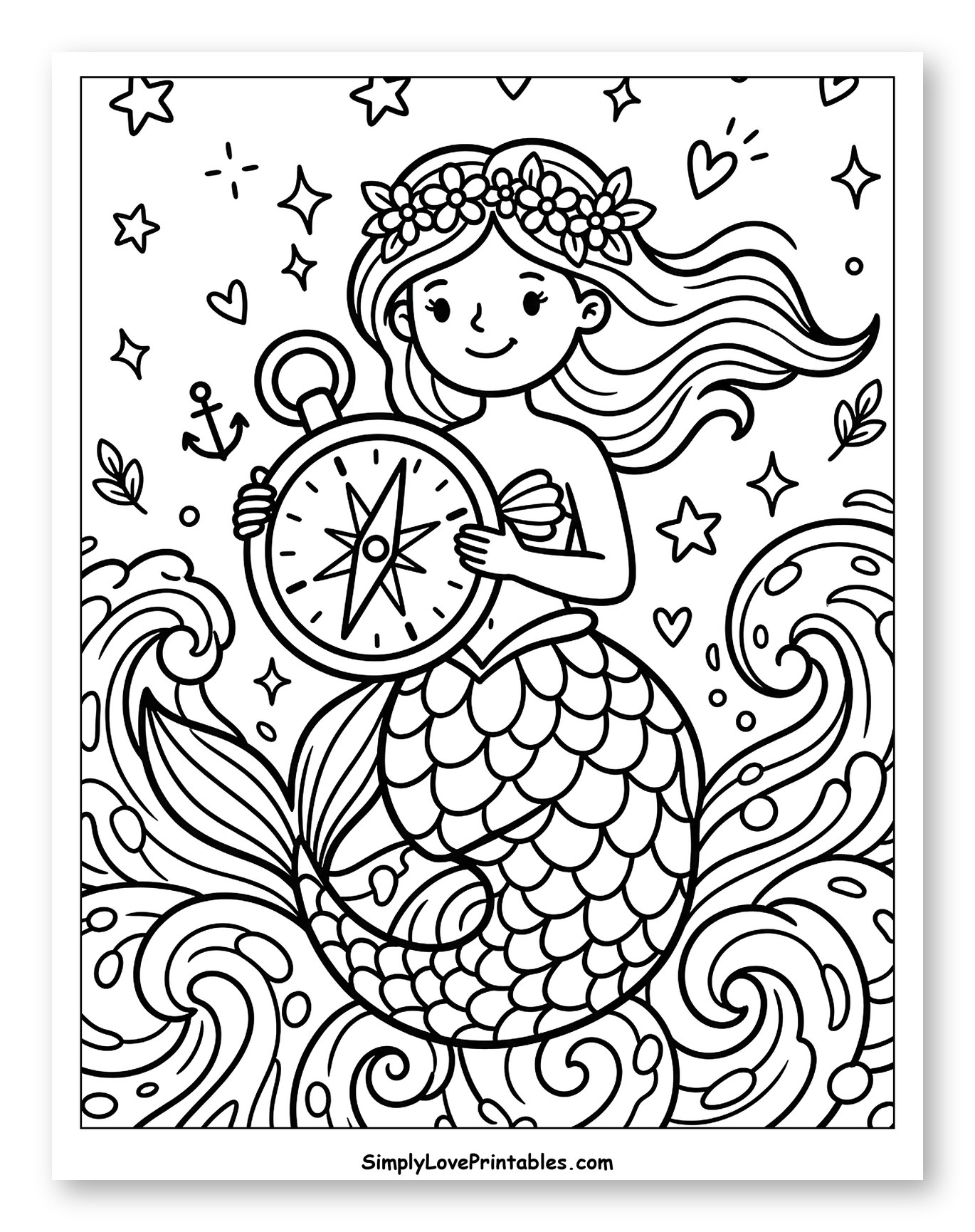 Smiling Mermaid Holding Compass with Ocean Waves Coloring Sheet for Adults