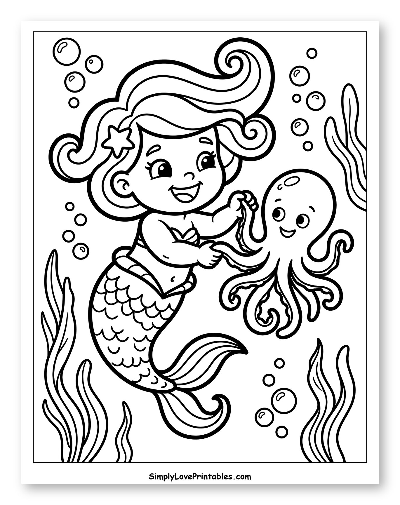 Smiling Mermaid Holding Hands with Octopus