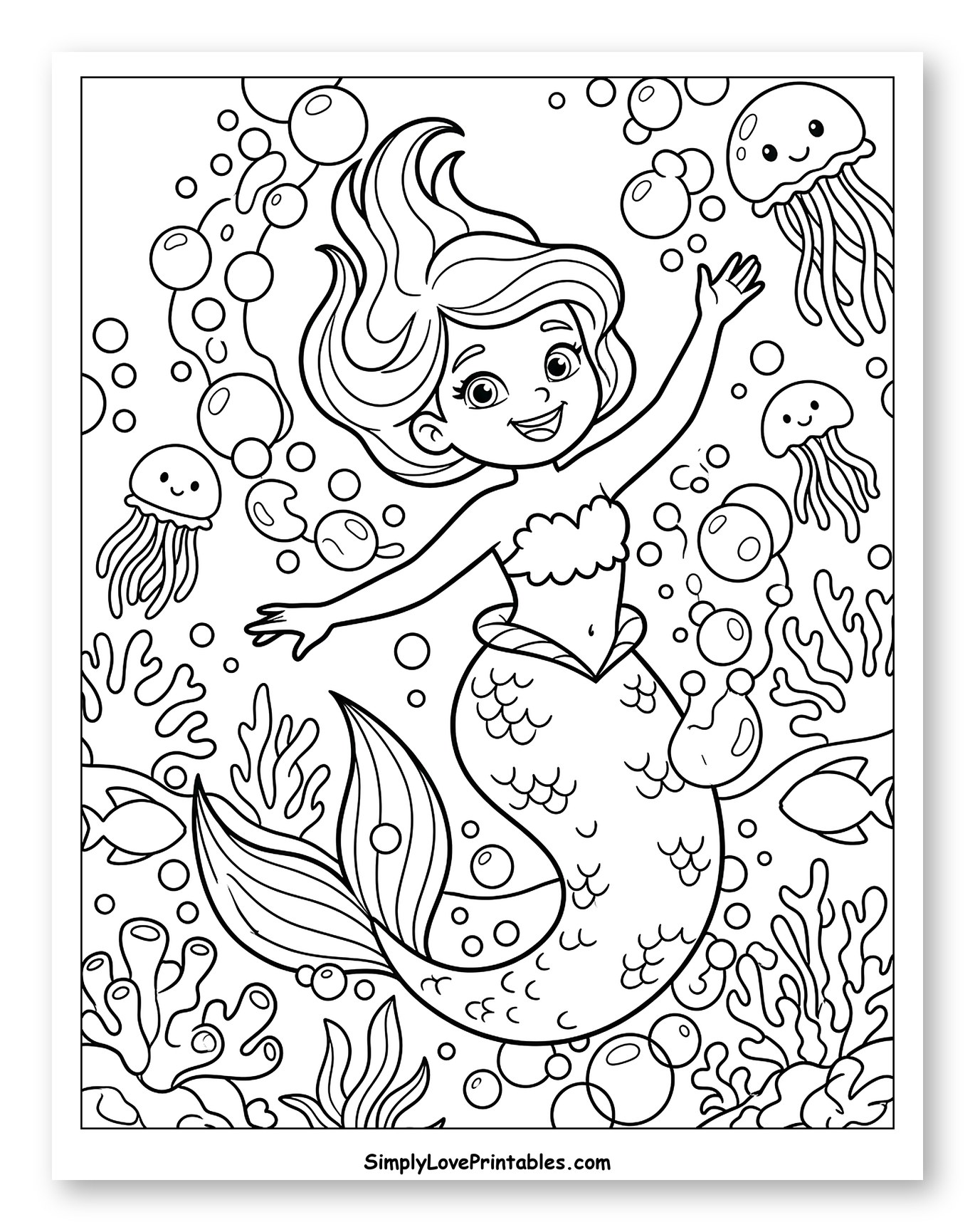 Smiling Mermaid Swimming with Ocean Friends Coloring Sheet for Kids