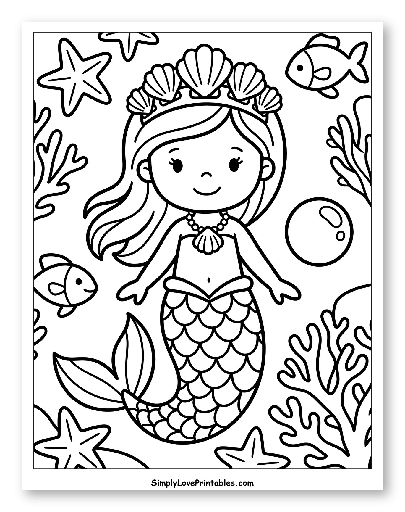 Smiling Mermaid with Fish, Starfish, and Coral
