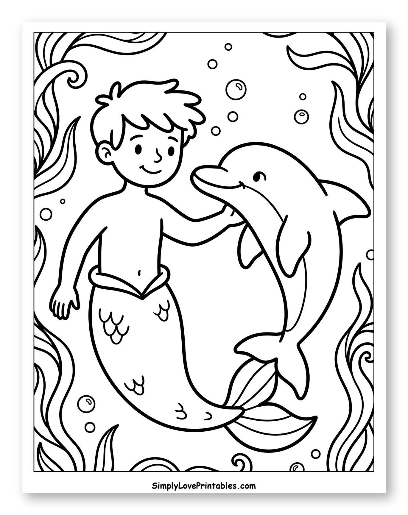 Smiling Merman and Dolphin Among Seaweed