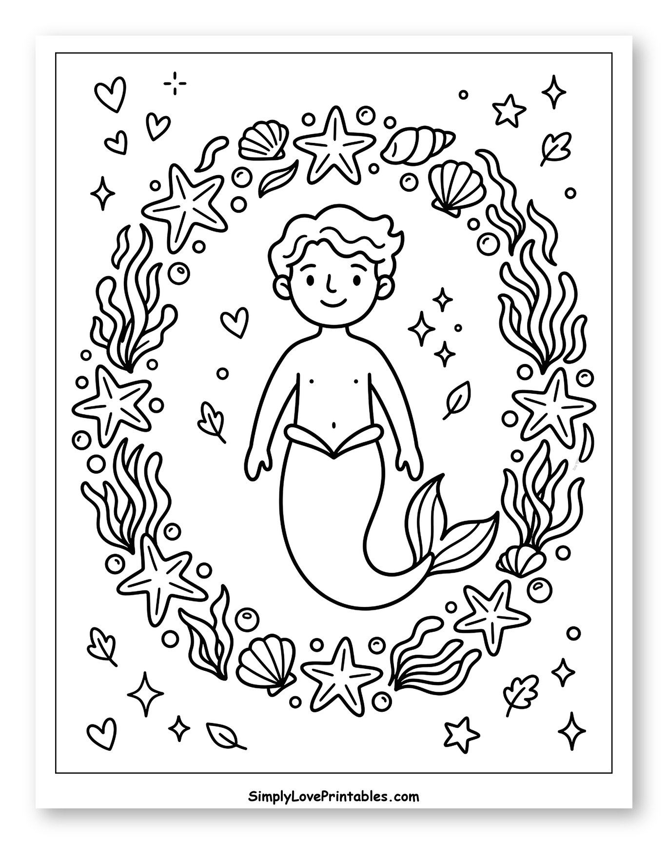 Smiling Merman in an Underwater Wreath Coloring Page for Adults