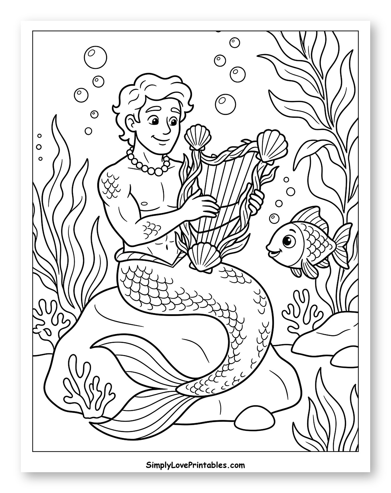 Smiling Merman Playing Harp Underwater Coloring Sheet for Kids