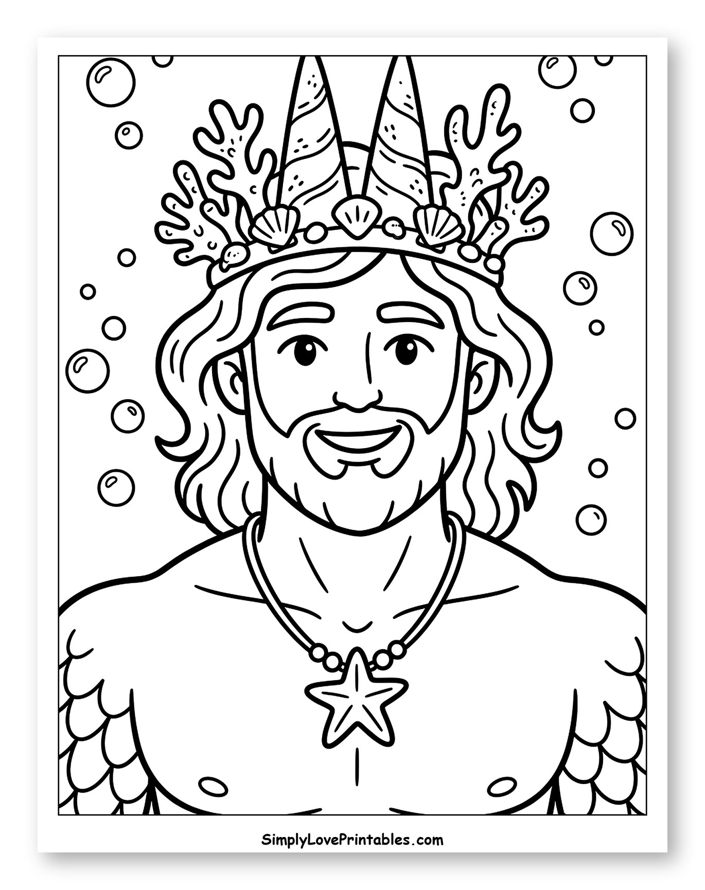 Smiling Merman with Coral Crown and Starfish Necklace