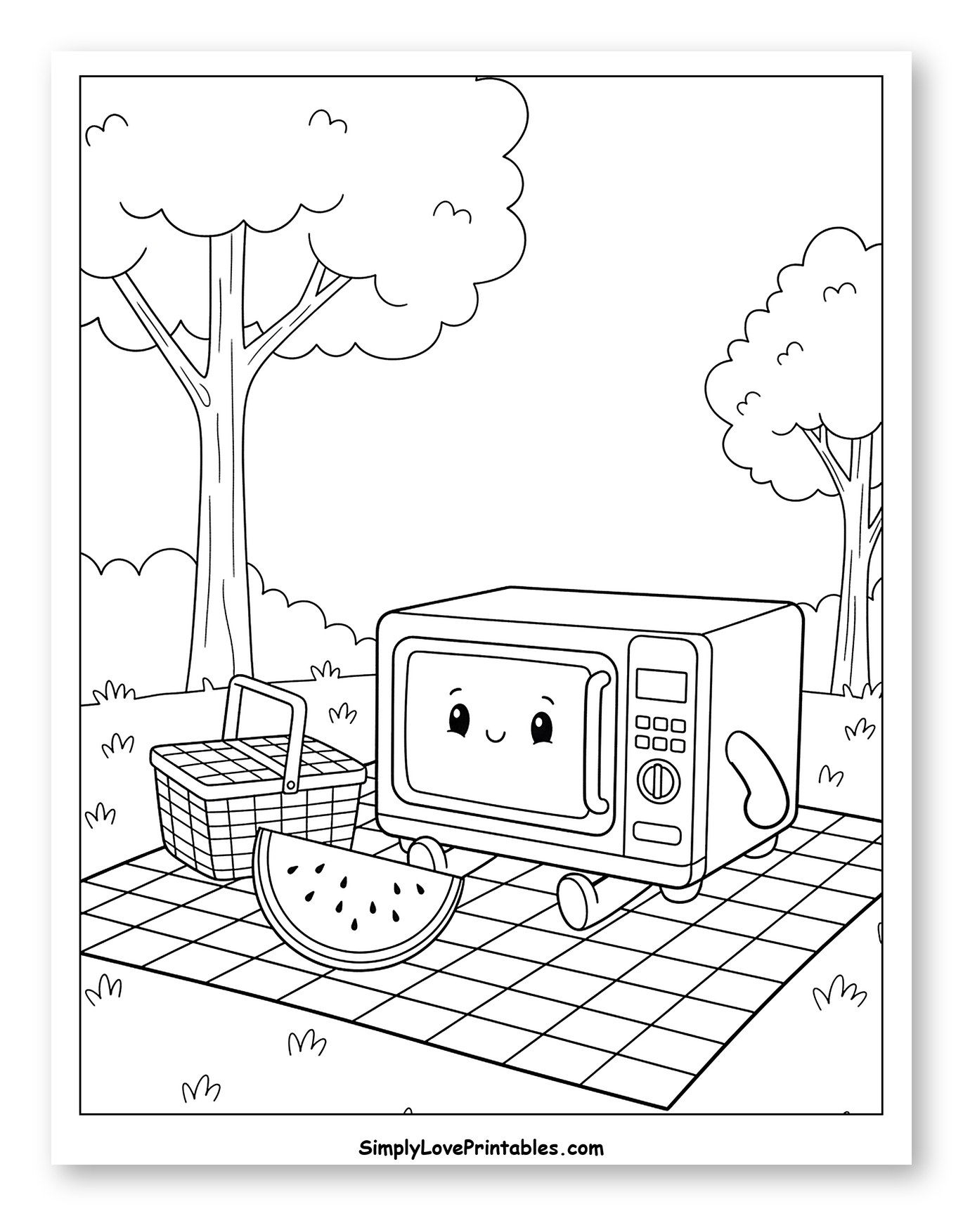 Smiling Microwave at an Outdoor Picnic Coloring Sheet for Kids