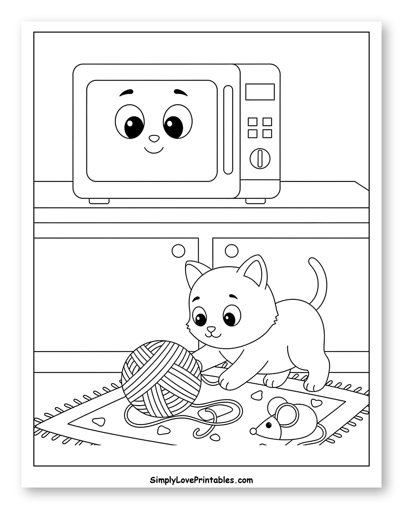 Smiling Microwave Watches Kitten Play Coloring Sheet for Kids