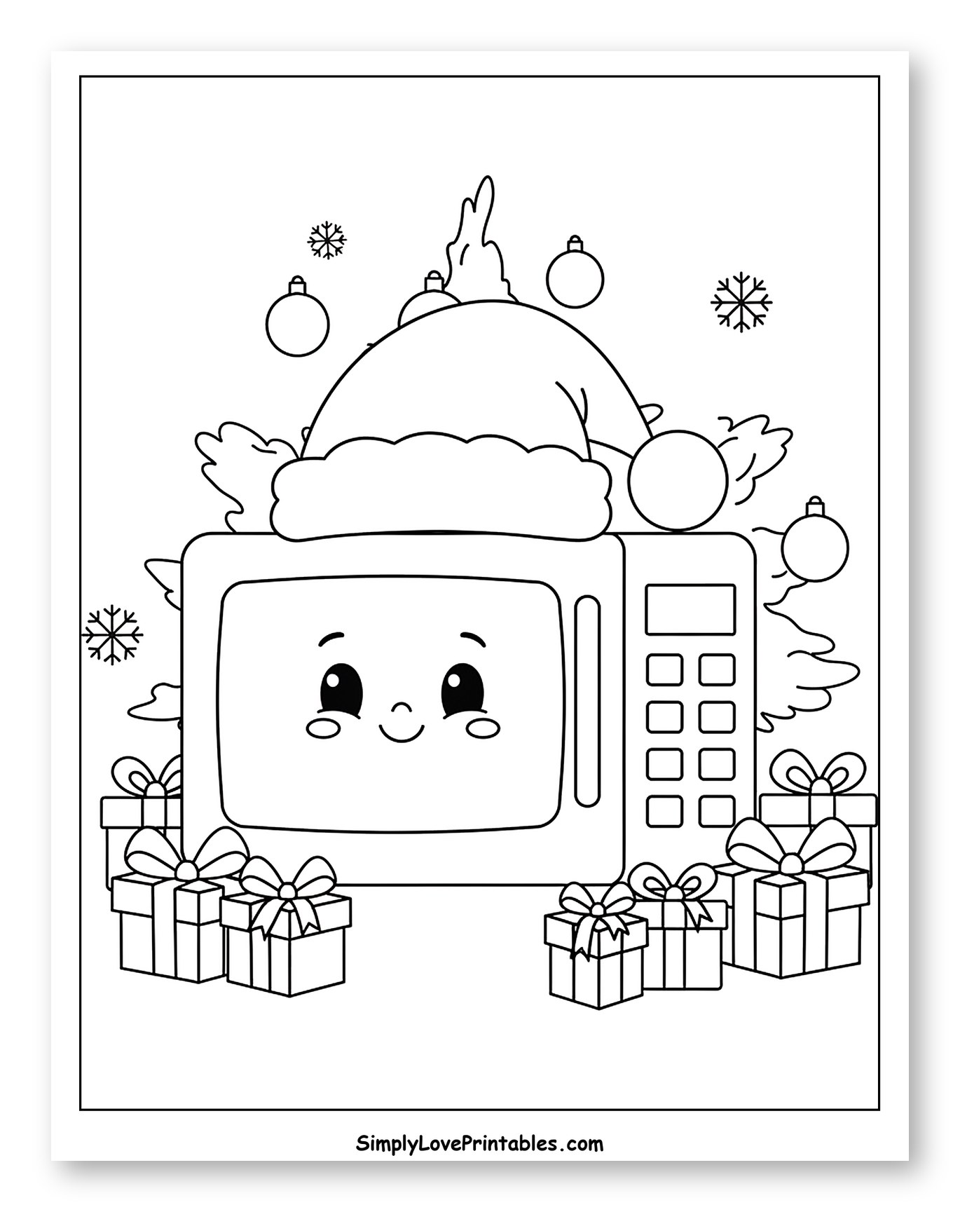 Smiling Microwave with Santa Hat and Christmas Gifts Coloring Page for Kids