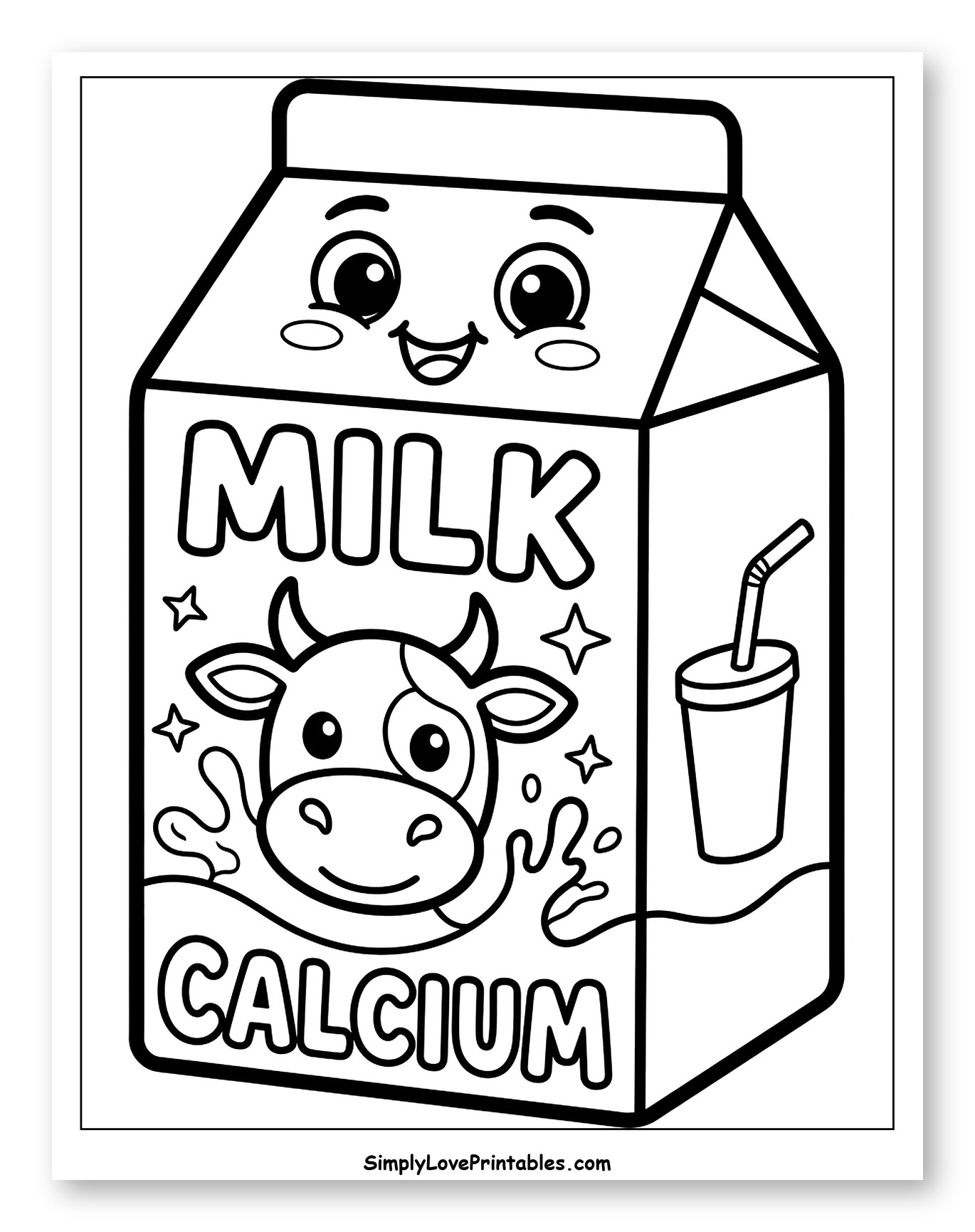 Smiling Milk Carton with Cow and Drink to Color for Toddlers