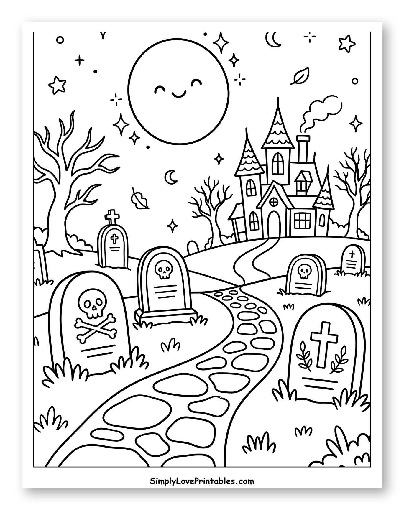 Smiling Moon Over Haunted House and Graveyard