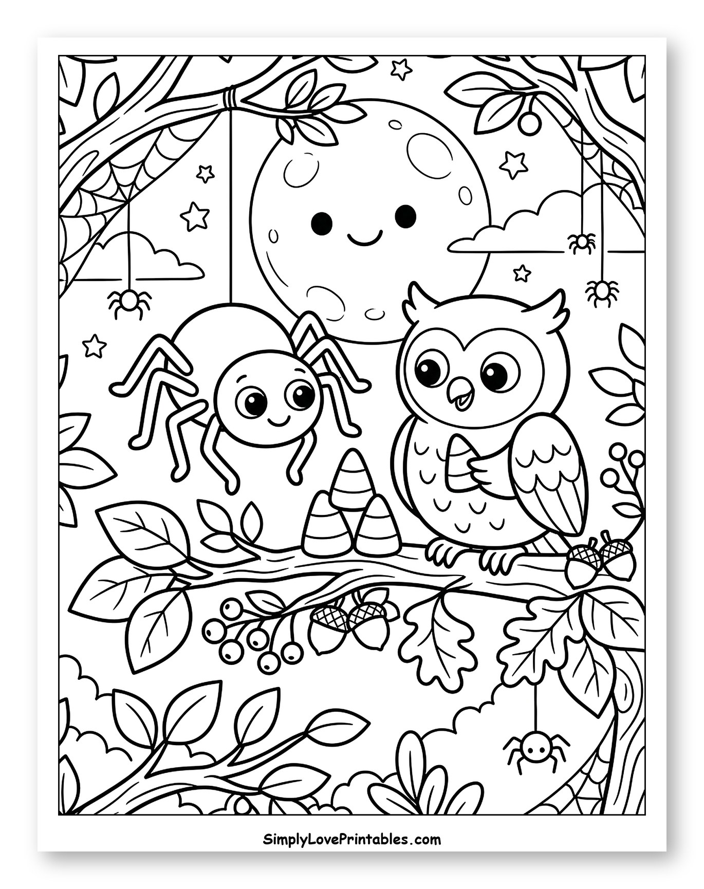 Smiling Moon, Spider, Owl, and Candy Corn