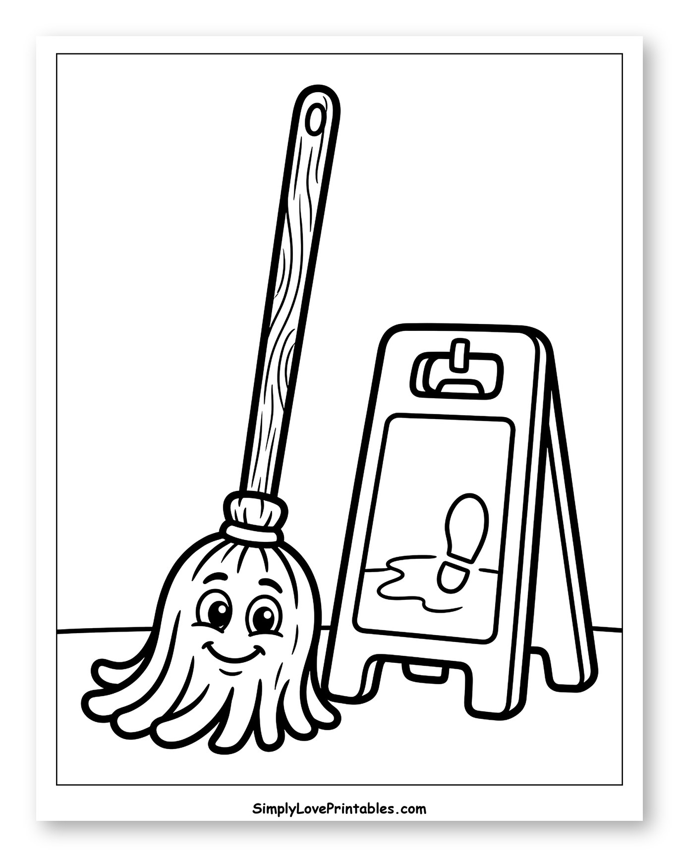 Smiling Mop and Wet Floor Sign to Color for Toddlers