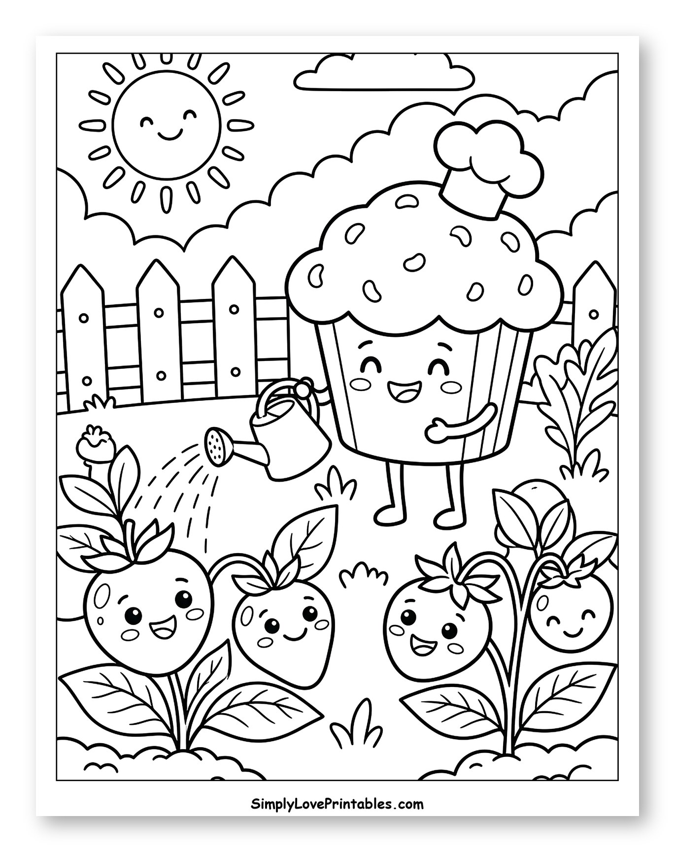 Smiling Muffin Waters Cute Garden Plants Coloring Page for Kids