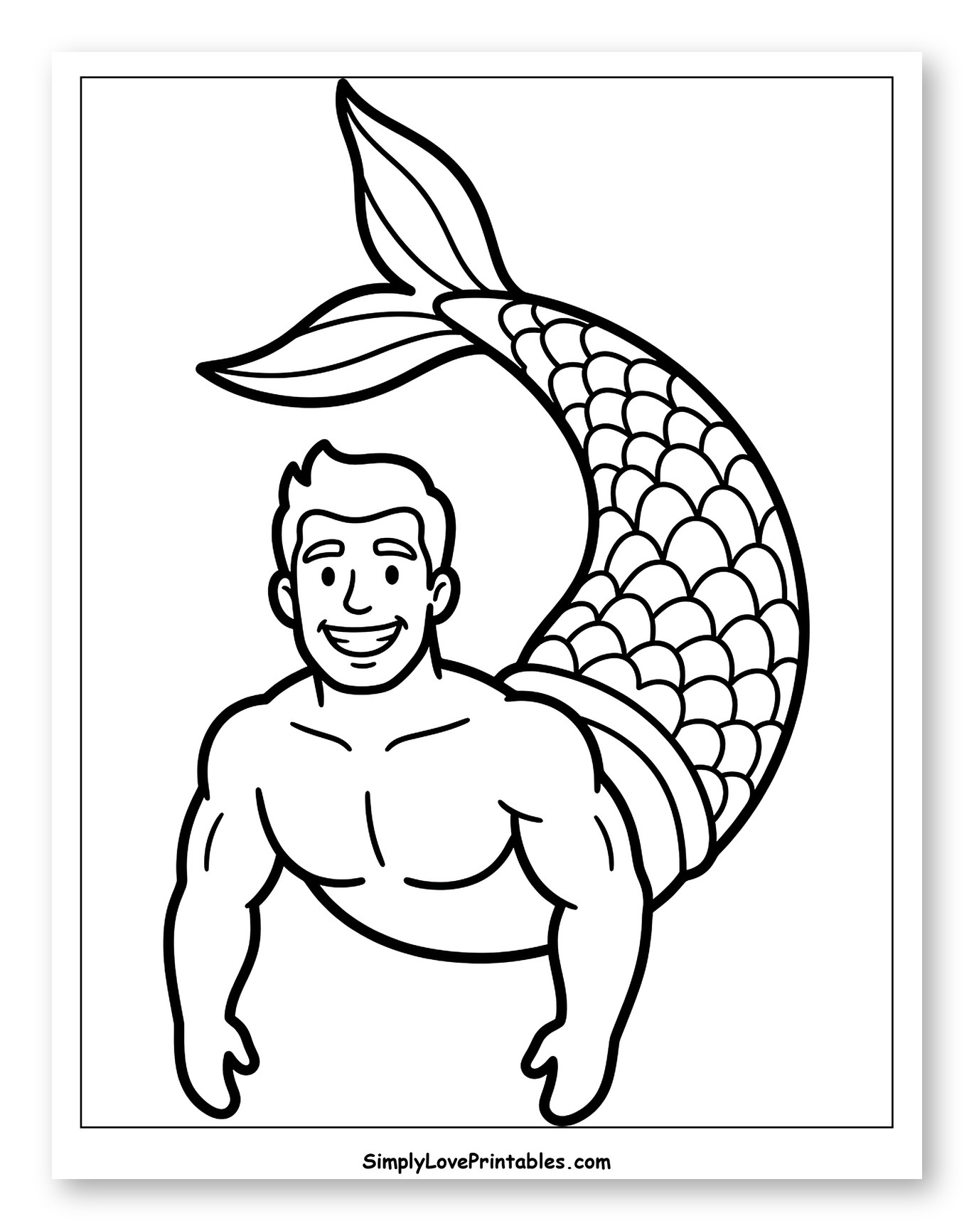 Smiling Muscular Merman with a Scaled Tail Coloring Sheet for Toddlers