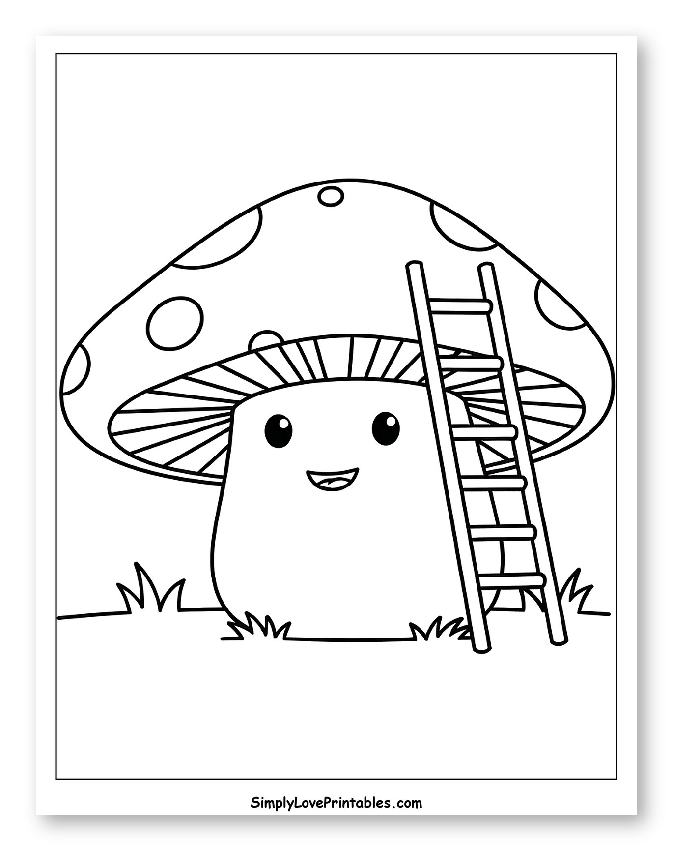 Smiling Mushroom with a Ladder House Coloring Sheet for Toddlers