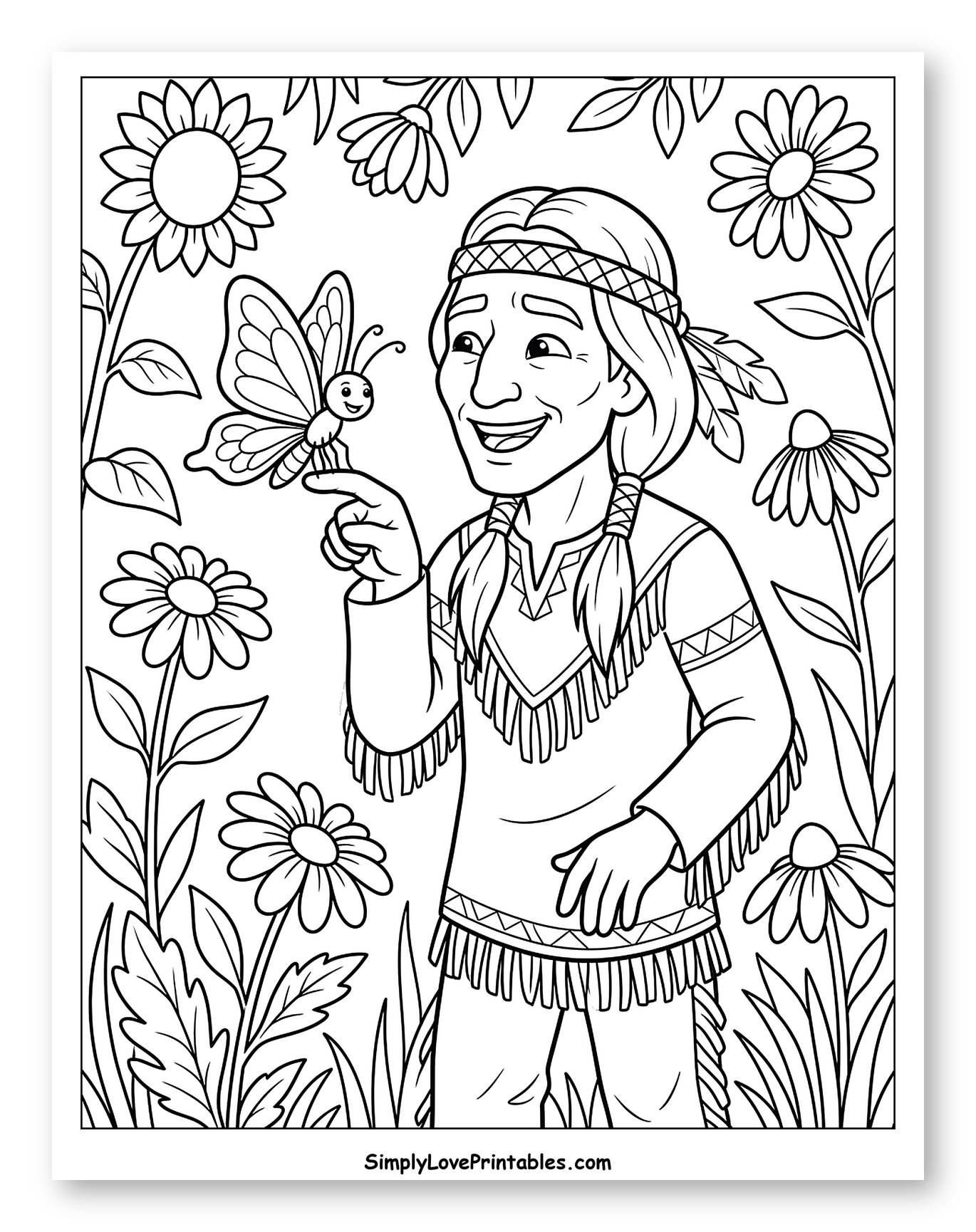 Smiling Native American Man with Butterfly Coloring Sheet for Kids