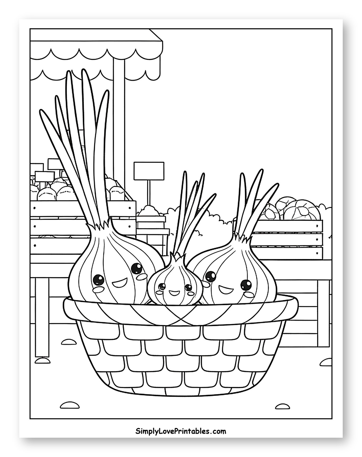 Smiling Onions in a Basket at Market Stall Coloring Sheet for Kids