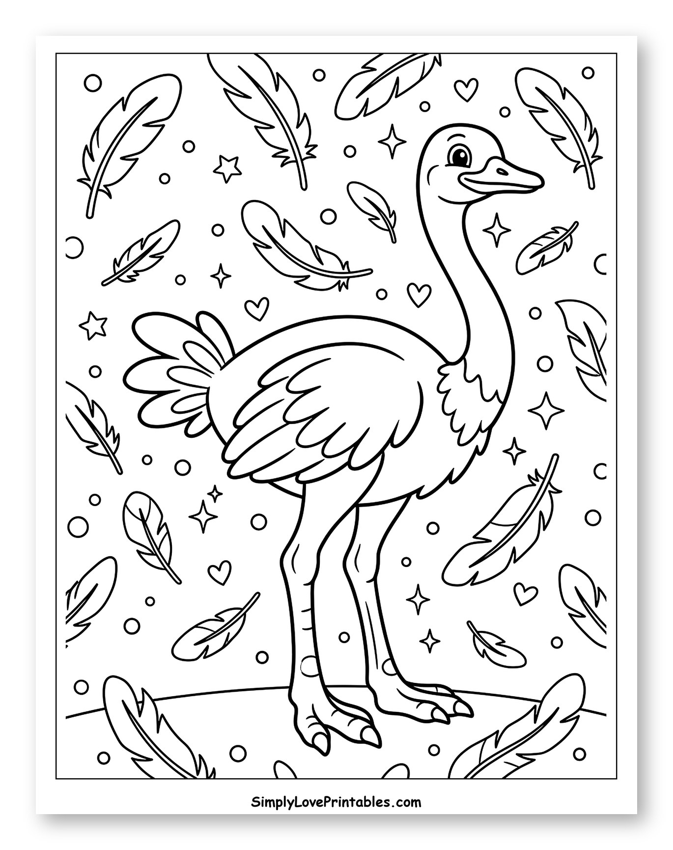 Smiling Ostrich Among Floating Feathers Coloring Page for Adults