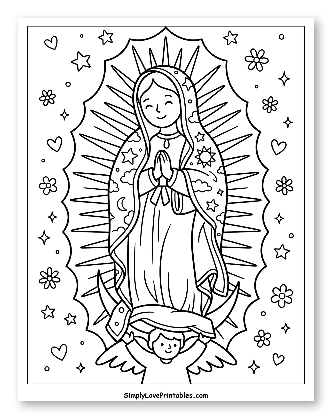 Smiling Our Lady of Guadalupe with Angel Coloring Page for Adults