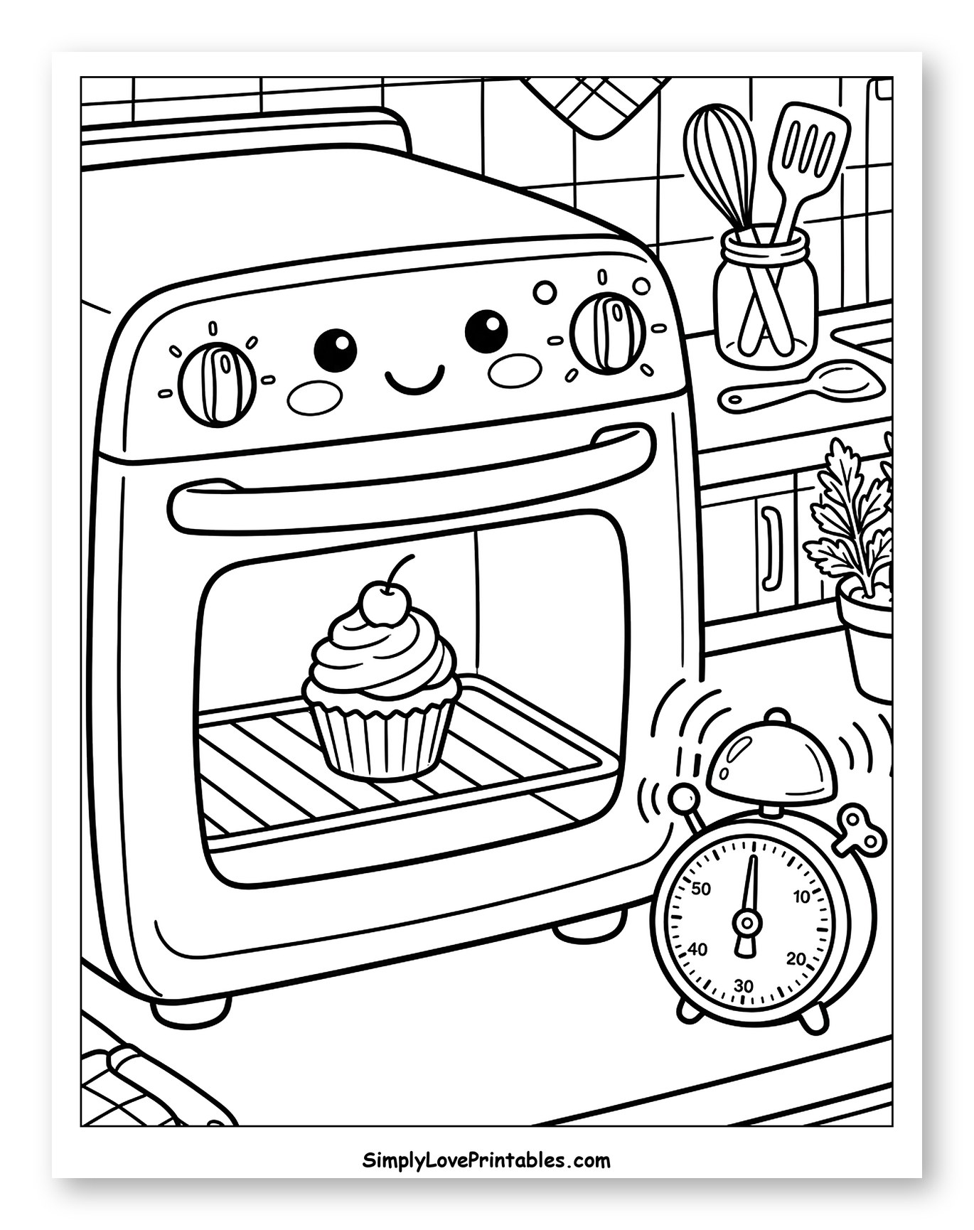 Smiling Oven with Cupcake and Kitchen Timer